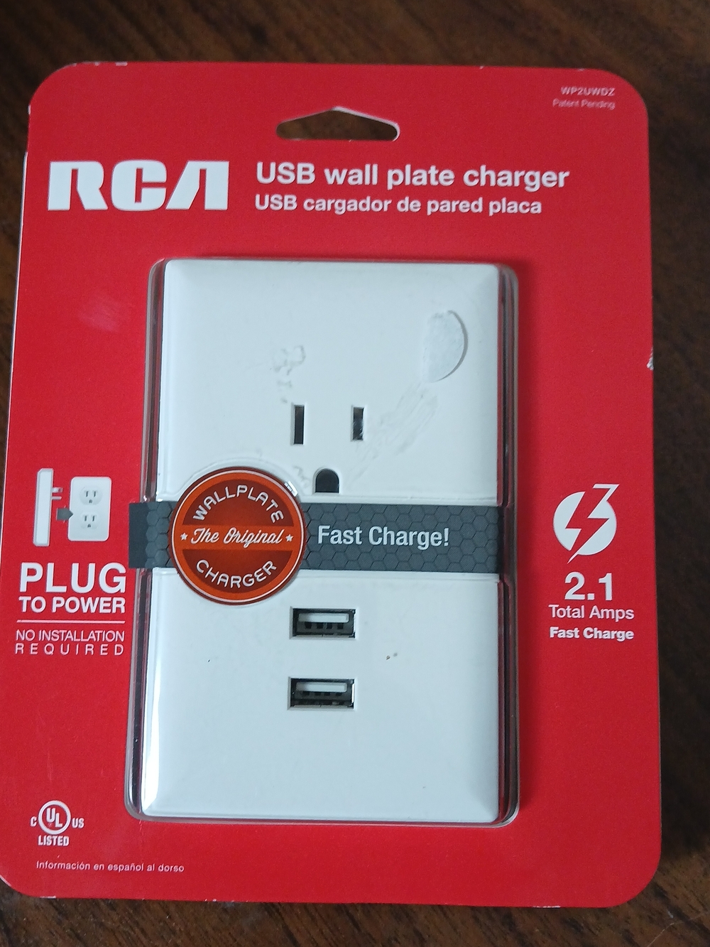 RCA White USB Wall Plate Charger - 2.1A Dual USB